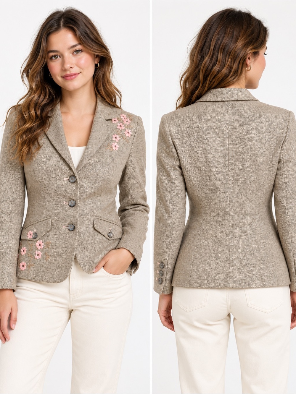 American Eagle Tweed Blazer Floral Embroidered Jacket Beige Y2K 2000s Style Med